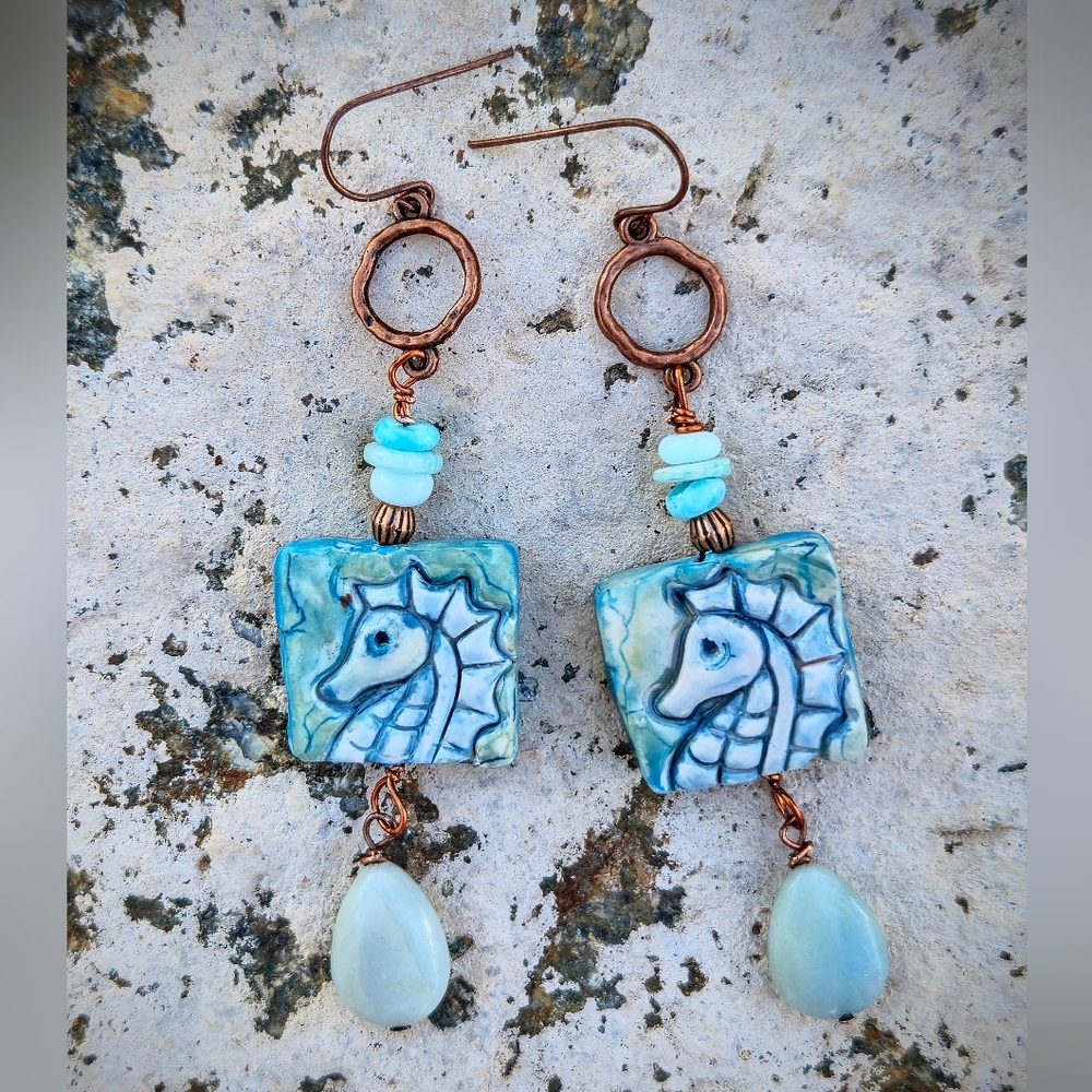 Rustic Farmhouse Blue Seahors In Clay & True Amazonite Stones In Copper Earrings